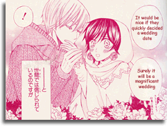 Yuda has pricked her finger on a rose thorn and Johannes is now sucking the blood off of it.